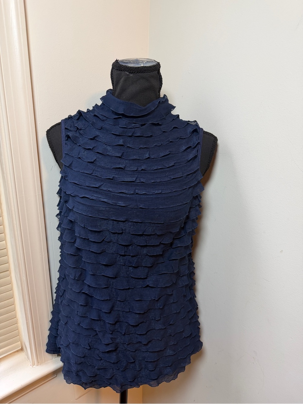 NY Collection L Navy Tiered Ruffle Sleeveless Mock Neck Blouse Textured Top